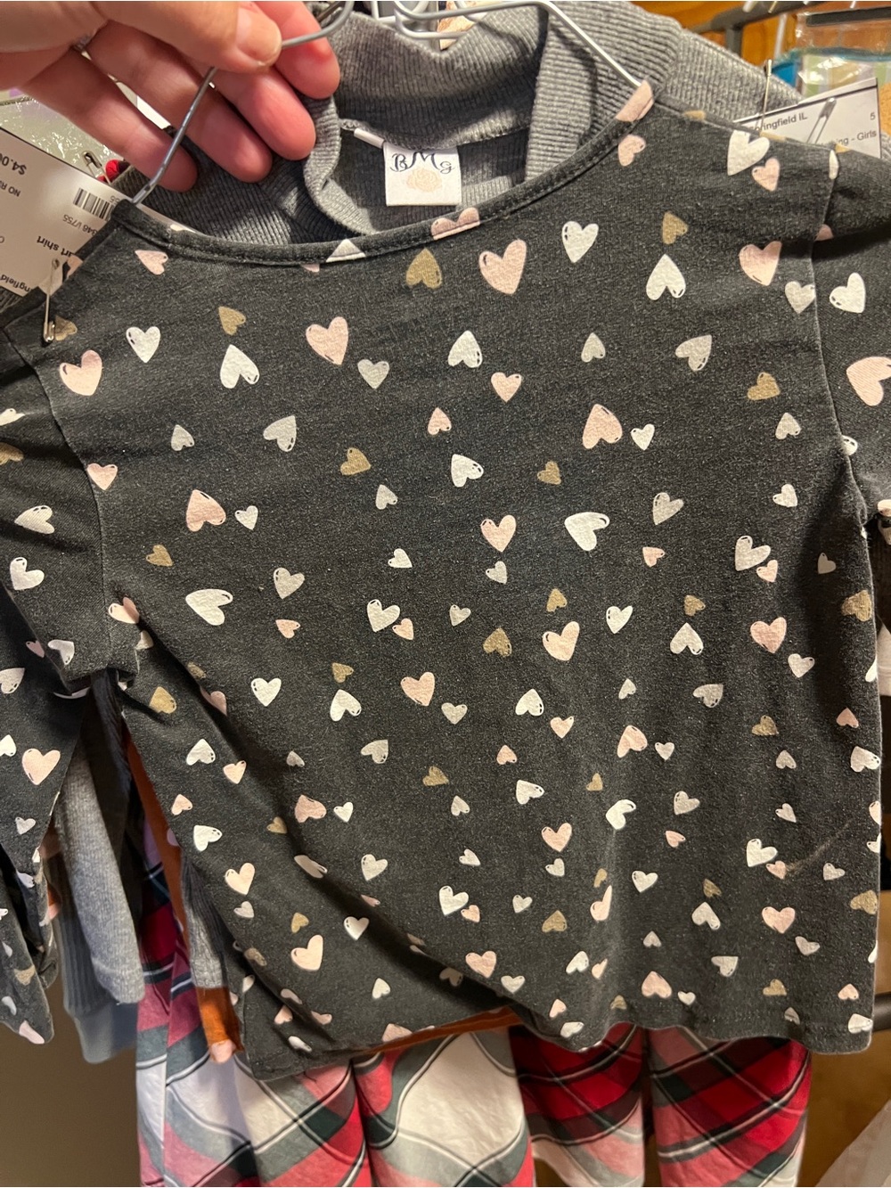 H&M Black Long-Sleeve Top with Pink, White & Gold Heart Print